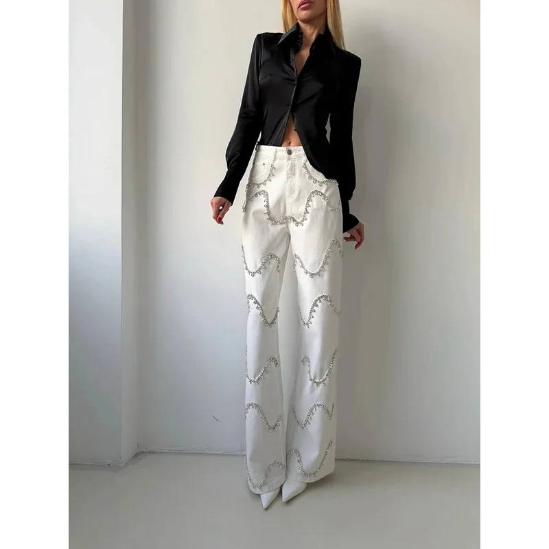 Women Rhinestone Jeans 2026 Chic Street Arc Hot Diamond Patchwork Straight Leg Denim Pants Loose Sparkling Fashion Lady Bottoms