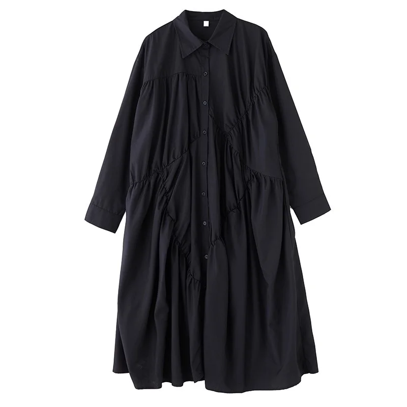 Spring And Autumn Shirt Dress Loose Dark Design With Irregular Wrinkle Splicing Temperament Single Breasted Robe W1632