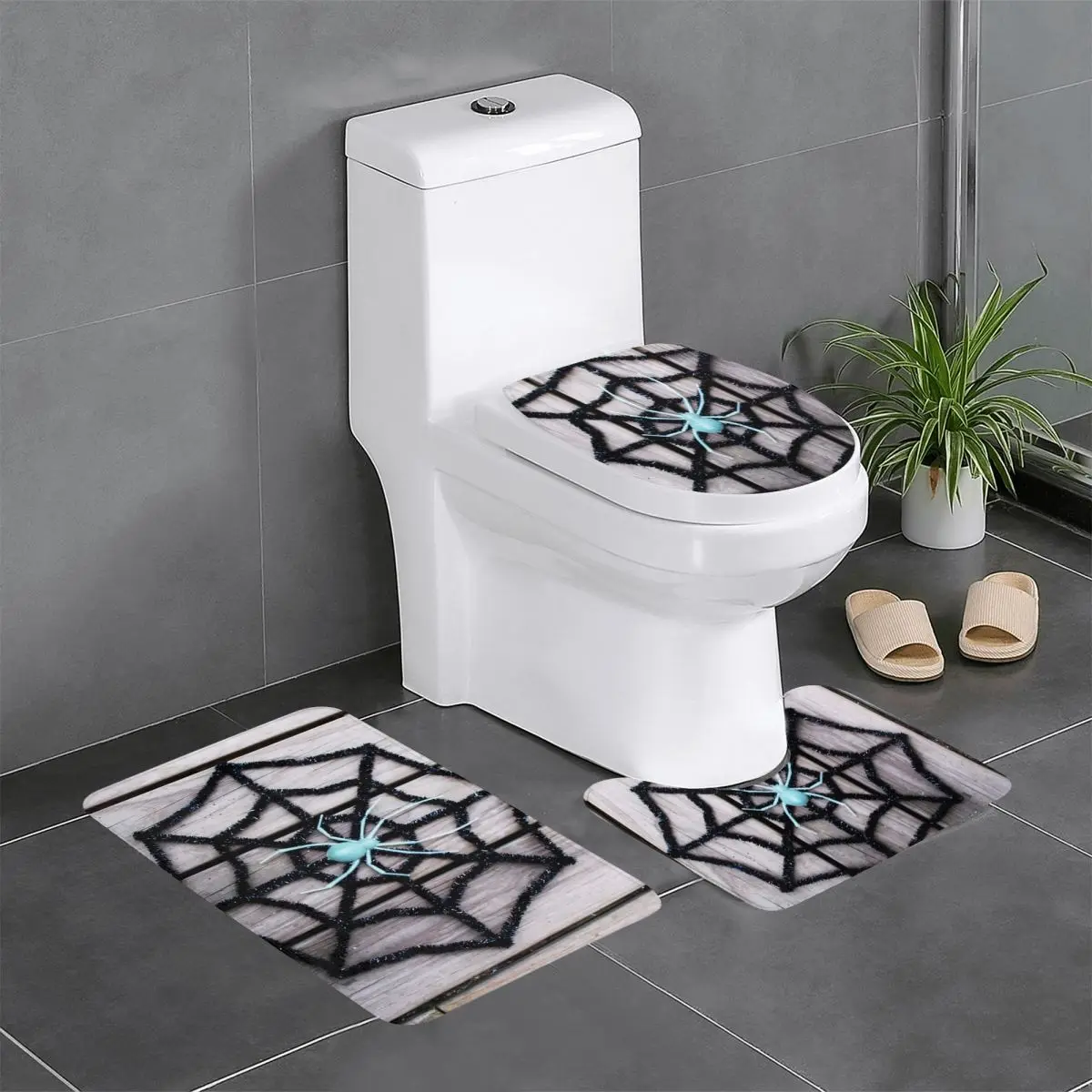 

Custom Spider Web 3 Piece Bathroom Rugs Set Non-Slip Toilet Bath Mat Sets
