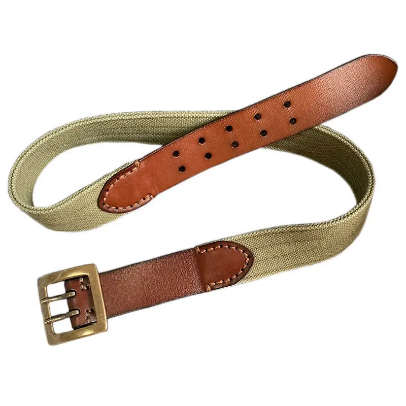 Vintage Canvas Belt Men\'s 100 cowhide Splicing Design belt pure copper double needle buckle leather belt