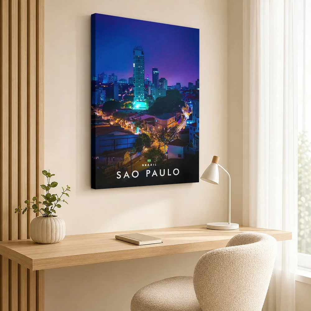 Sao Paulo Cityscape at Night Framed Canvas Print Poster Personalized Modern Aesthetic Canvas Wall Art for Office Hallway Decor