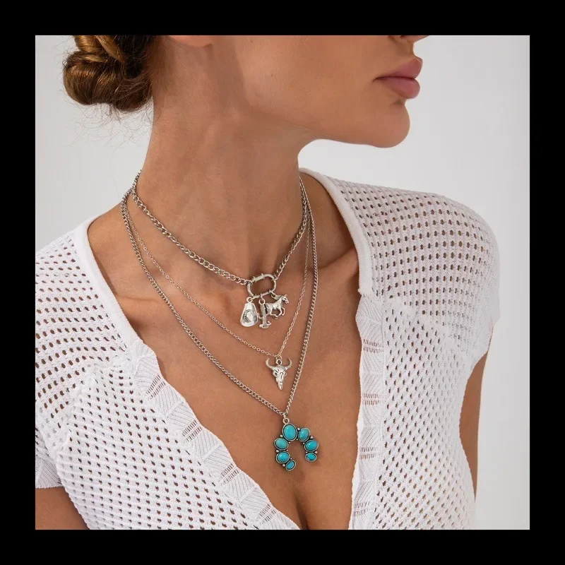 الرياح قبعة رعاة البقر سبيكة قلادة قلادة، خمر قلادة الترقوة الفيروز