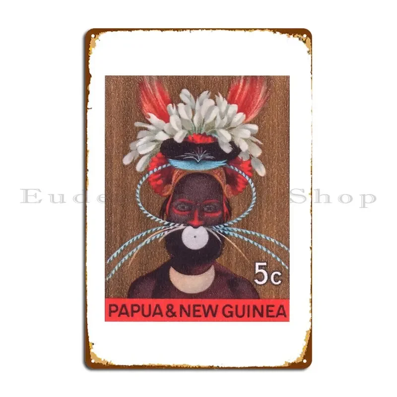 1968 Papua New Guinea Headress 5c Postage Stamp Metal Sign Club Club Wall Cave Rusty Designing Tin Sign Poster