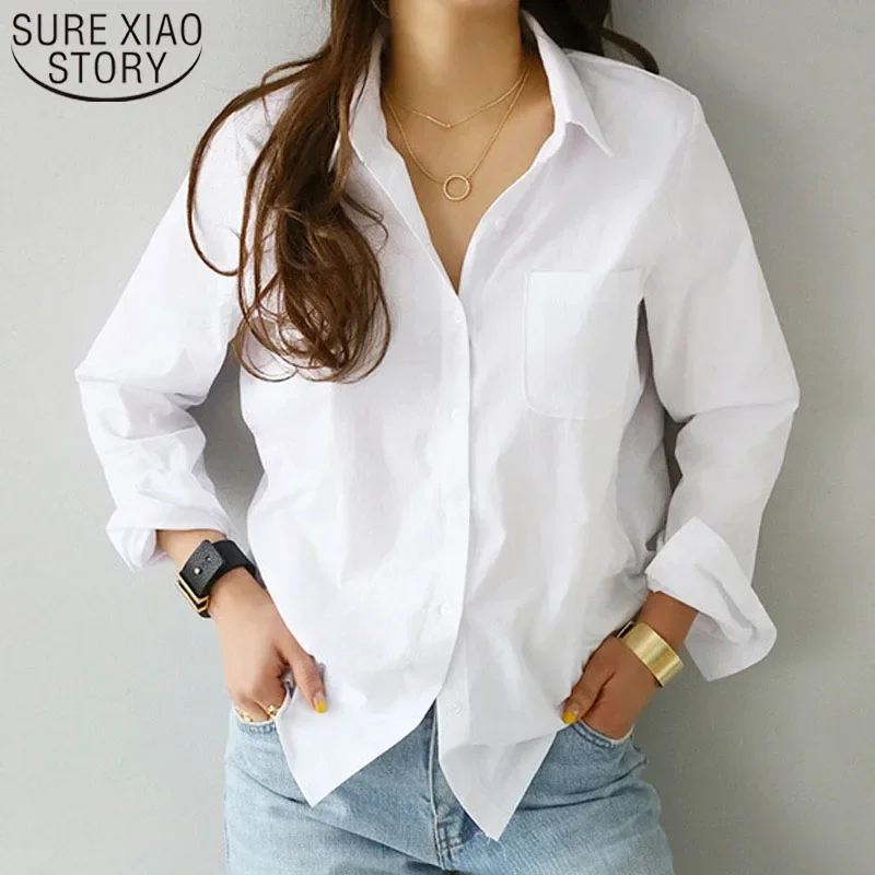 Camisas y blusas para mujer 2024, blusa femenina, Top informal de manga larga con cuello vuelto blanco, blusas holgadas estilo OL para mujer 3496 50