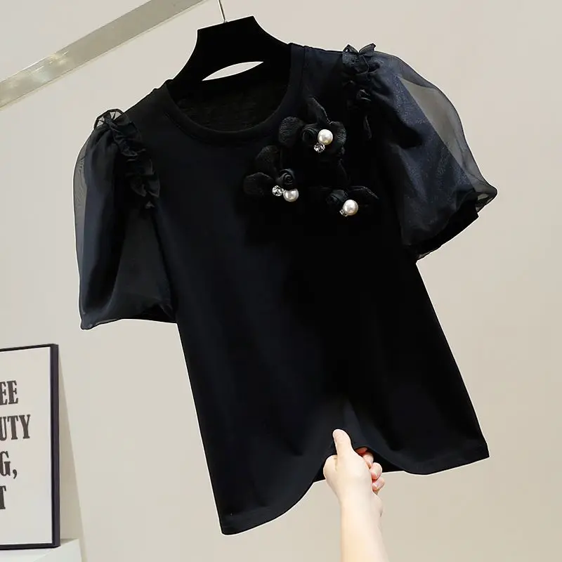 3D Pearl Flower Cotton T-shirt for Women's 2023 Summer New Korean High end Design Sense Top  harajuku