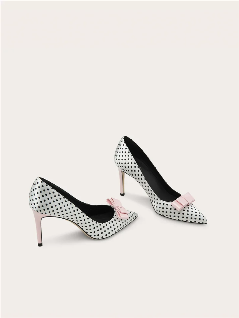 Autumn new pointed shallow mouth polka dot silk bow single shoe banquet large size small size widened high heels women's shoes