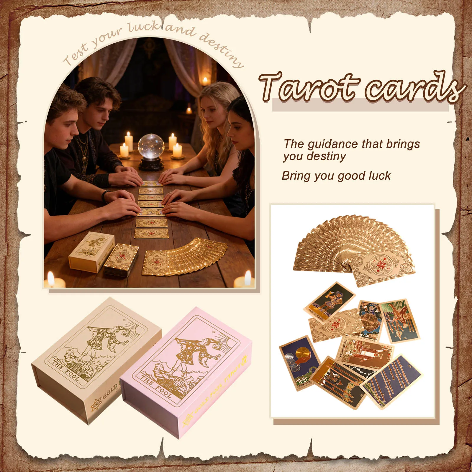 

В комплект входит розовое золото для начинающих. Посібник с золотым штампованным лицом и карточным изобрением, подходящим для игр в гадание.