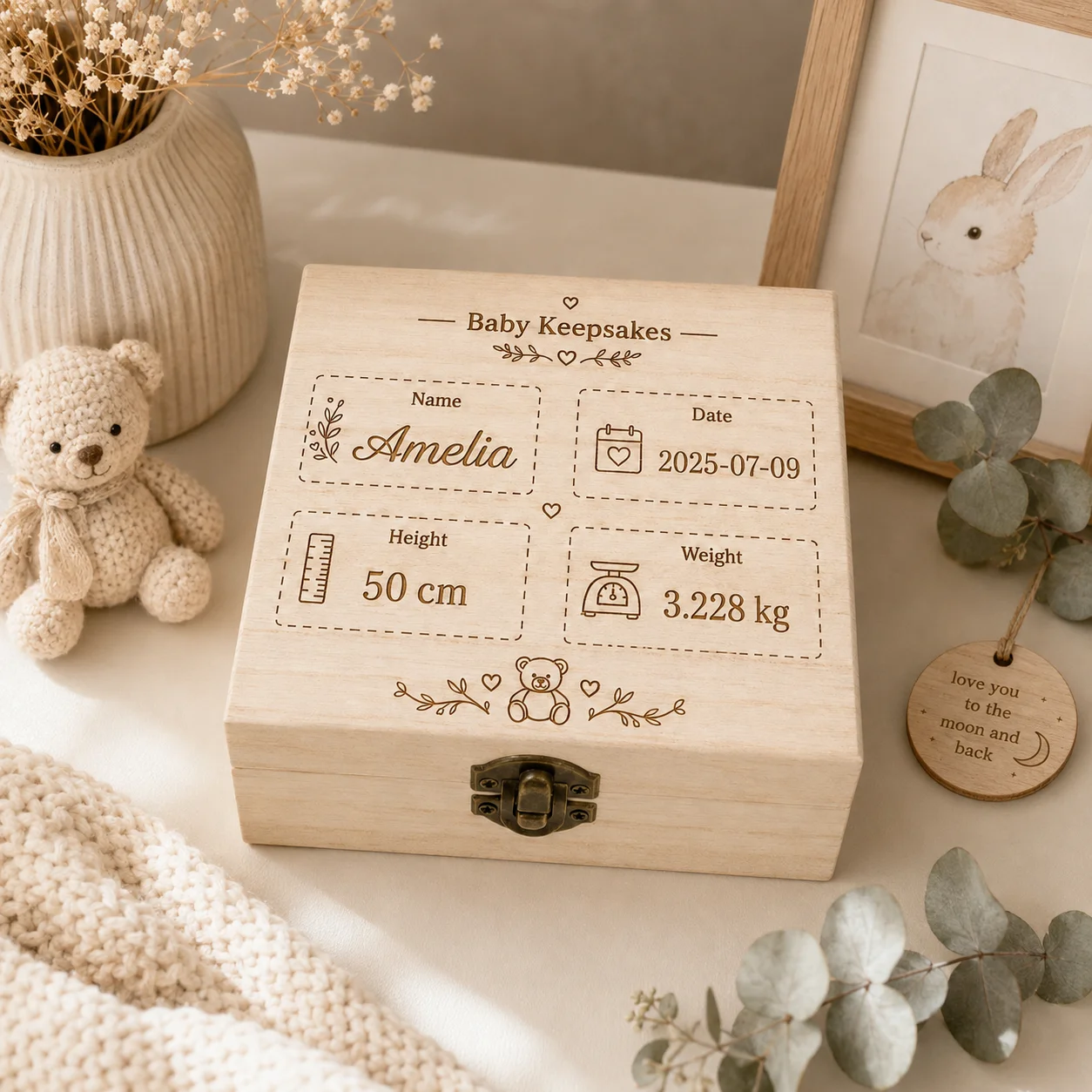 Customized Personalized Wooden Baby Tooth Keepsake Box, Custom Name and Birth Data Keepsake Box, Can Hold Umbilical Cord, Baby Tooth, Hospital Tag, First Haircut Box, Cute Design Growth Keepsake Box, Baptism Ceremony and Birthday Souvenir Series, Perfect for Home Decoration and Birthday Gifts, Birth Souvenir, Gift for New Parents