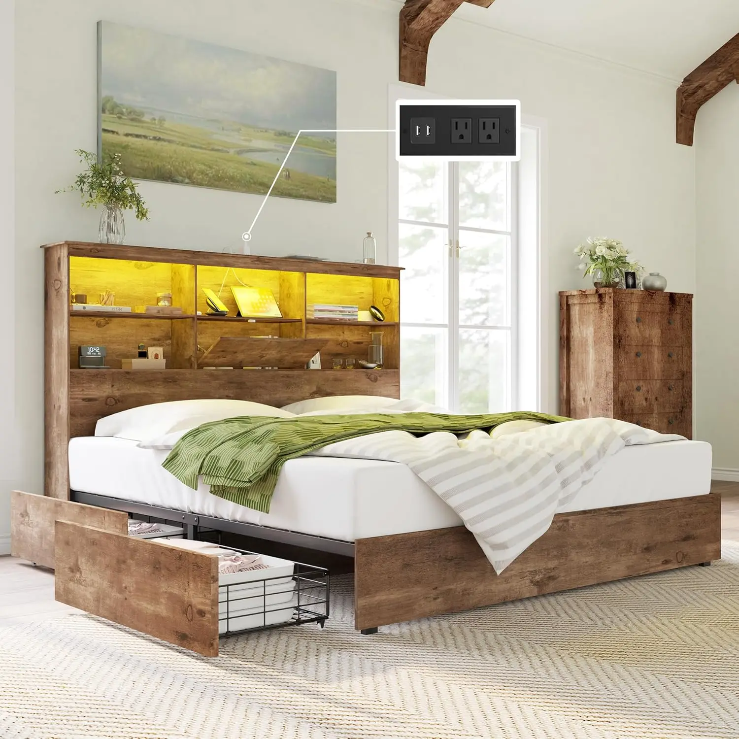 Extra Groot Bedframe Met 51.2-Inch Opbergruimte Led Boekenplank Hoofdeinde, 4 Opbergladen/Geruisloos/Donkerbruin