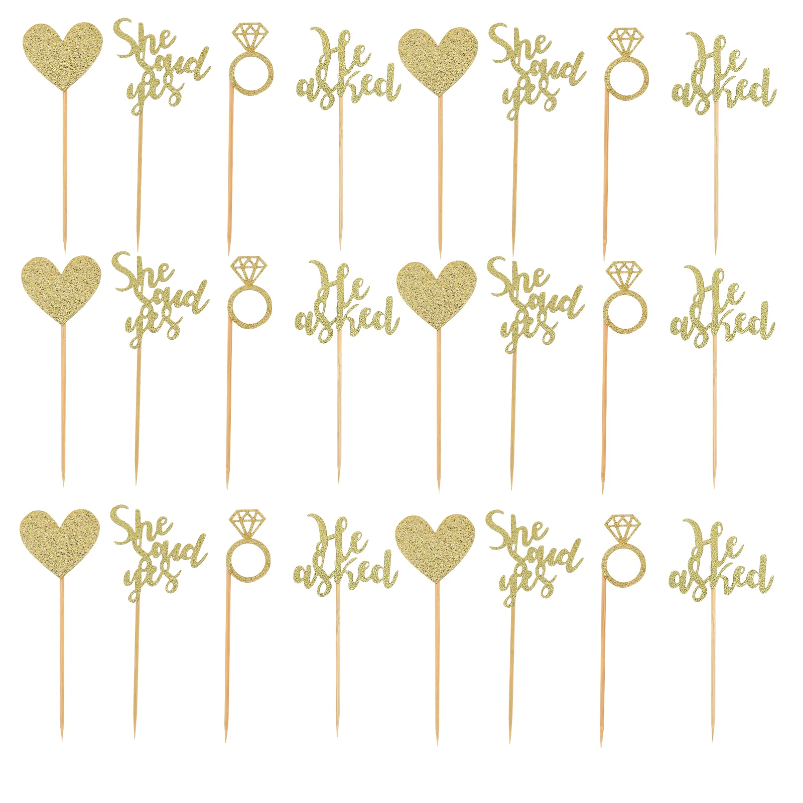 

24pcs Asked She Said Yes CupDiamond Diamond Diamond Decors Ring Heart Cake Picks for Wedding Engagement Party Cake ( Golden )