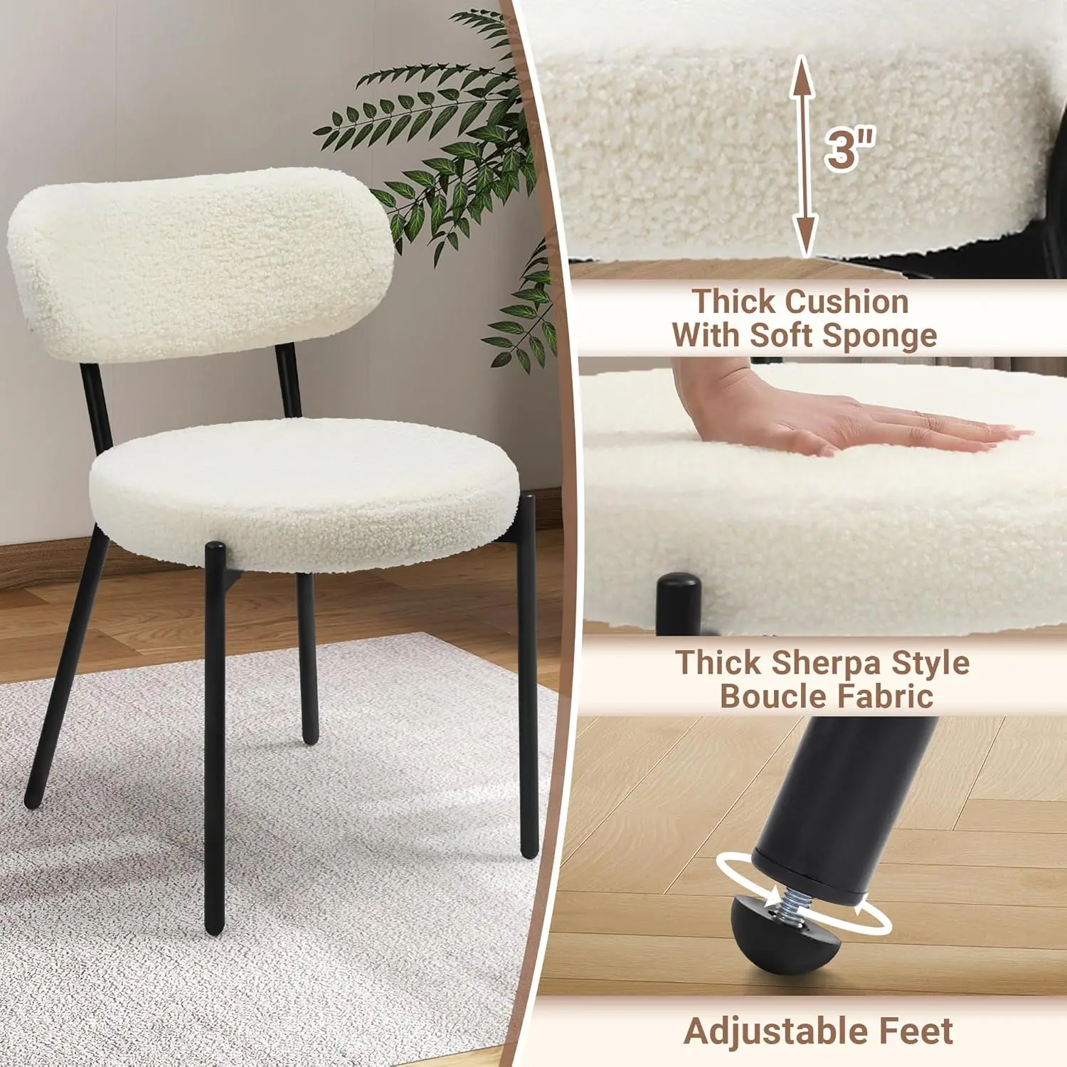 식탁 의자 4개 세트, 부클 천으로 장식됨, 현대적인 스칸디나비아 디자인, 흰색