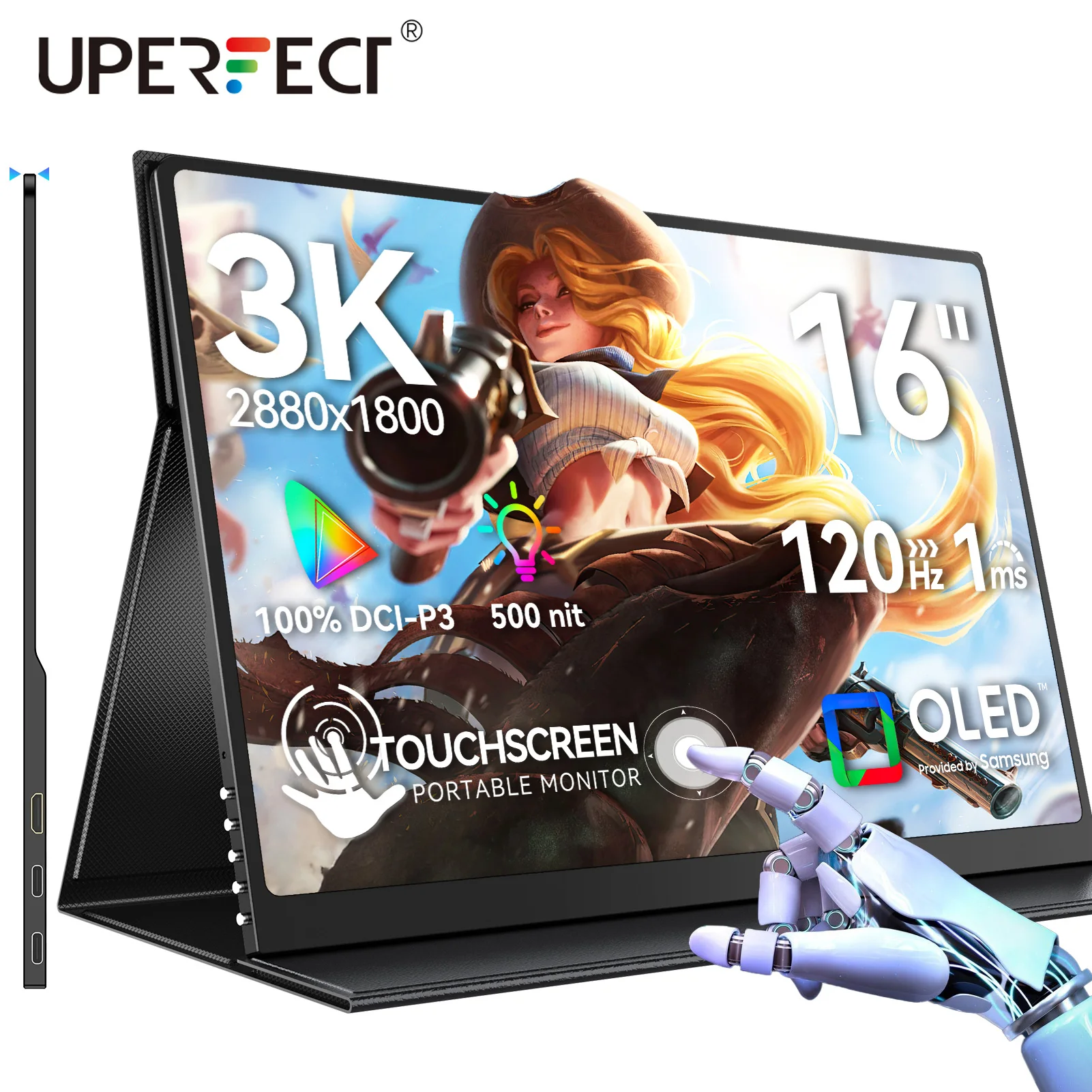 

UPERFECT 16" 3K OLED сенсорный портативный монитор 500 нит 100% DCI-P3 1MS 120 Гц игровой дисплей с HDMI USB-C для ноутбука мини-ПК PS4/5 переключатель игровой планшет Xbox