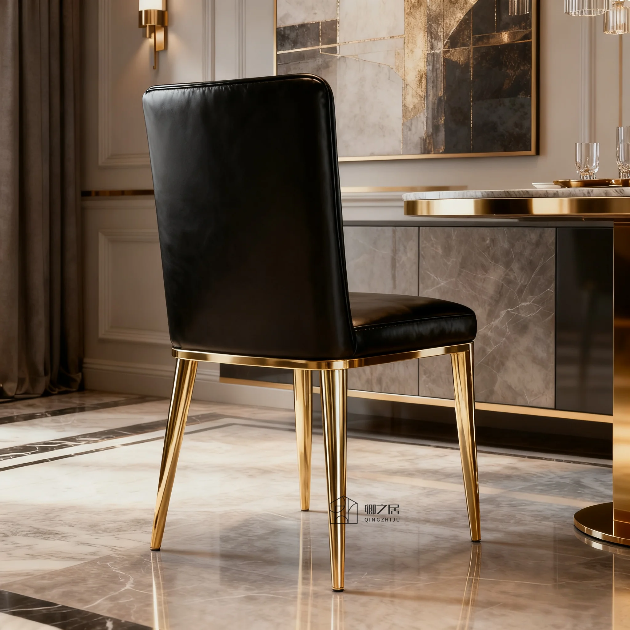 New Light Luxury Style Stainless Steel Premium Dining Chair Black Leather Upholstered Back Chair Home Dining Mansion Chair