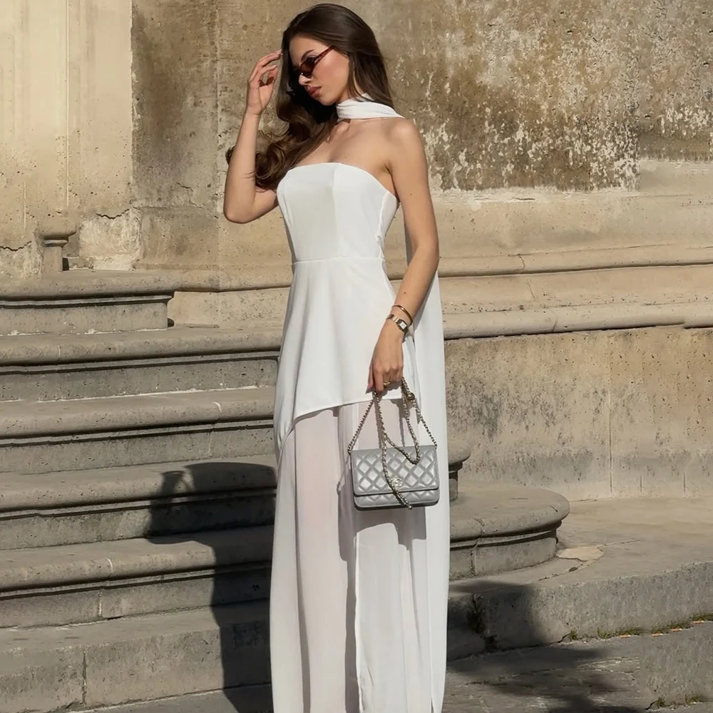 

Talenza White Elegant Ribbon Long Dress Female Fashion Sleeveless Backless Strapless Long Dresses Beach Vacation Female Dresses