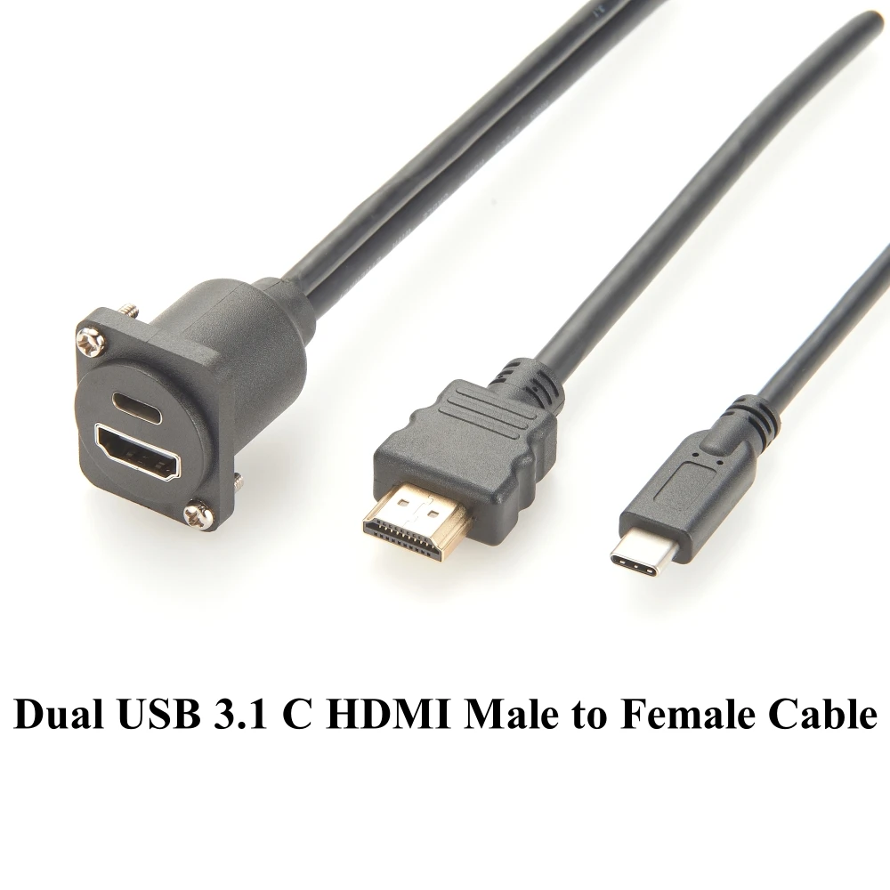 Przedłużacz Dual USB 3.1 C i HDMI 1.4 Męski na Żeński 10Gbps 4K@30hz Montaż Panelowy z Kołnierzem do Kamer 3D i Głowic Pan Tilt