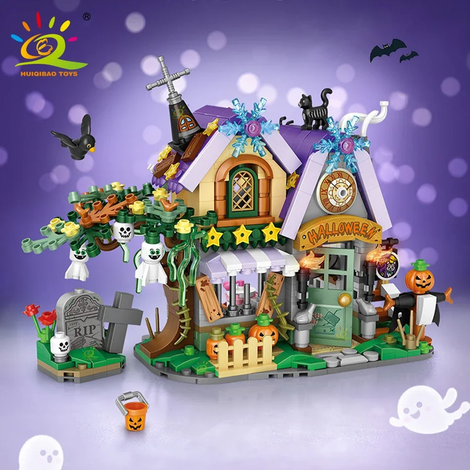 Huiqibao Halloween Mini Kürbis Haus Mikro Modell Bausteine Stadt Kind DIY Kürbis Wagen Set Ziegel Spielzeug Kinder Geschenk