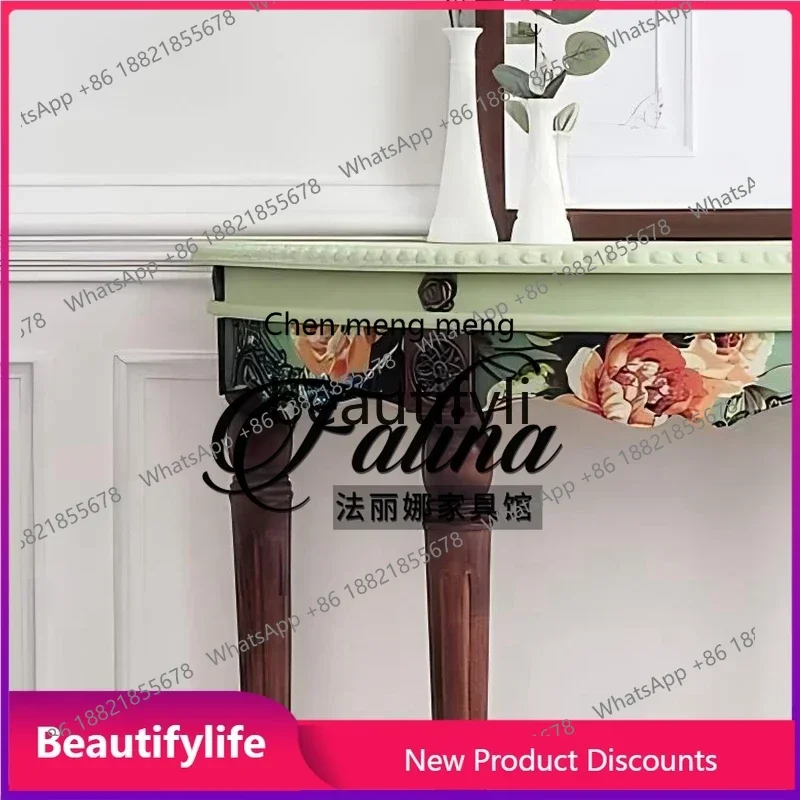 

P178 Полукруглый стол для прихожей из массива дерева на стене в стиле ретро, прямая противоположная дверь, чрезвычайно узкий письменный стол с ручной росписью A15