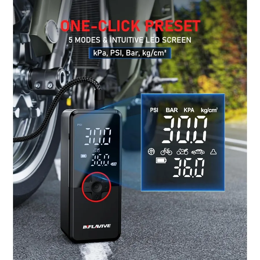 ปั๊มลมไฟฟ้าแบบพกพาไร้สายสำหรับจักรยาน 150PSI ปั๊มลมเร็วพร้อมไฟ LED แสดงแรงดันลมและโหมดปล่อยลม