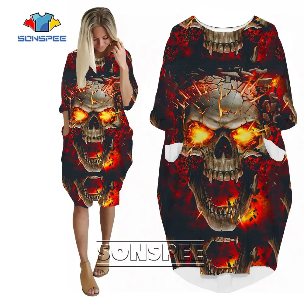 SONSPEE 2022 New Horror Hell Demon Skull Women's Dress Amazing Designs Custom Casual Trend Loose Long Sleeve Pocket Skirt Female