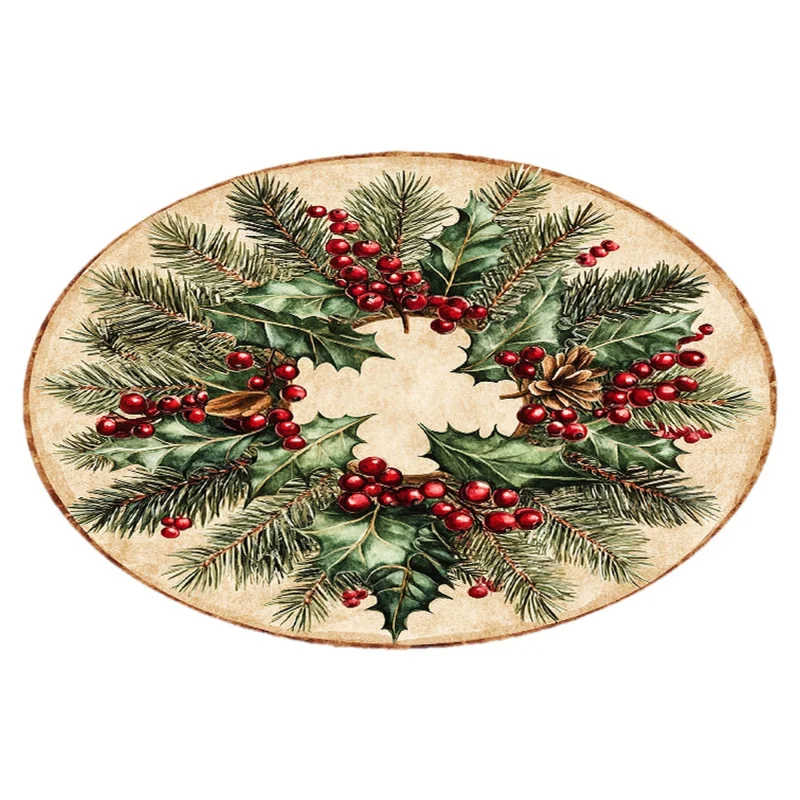 VIKAMA Vintage Oval Christmas Wreath Doormat Watercolor Holly Berry Pine Cone Non Slip Absorbent Front Entry Floor Mat for Farmh