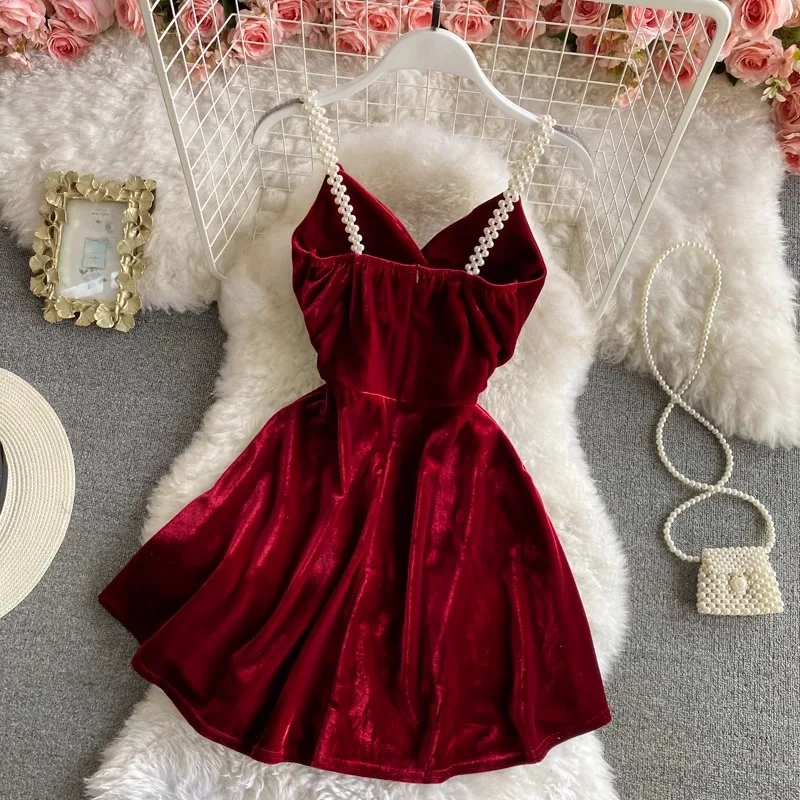 Sexy Sleeveless V Neck Slip Sexy Off Shoulder Beading Straps Elegant Luxury Evening Party Fashion Mini  Velvet  Dresses Women