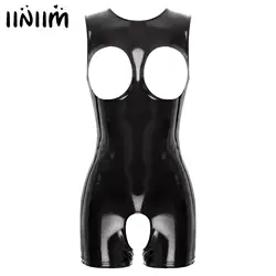 Women Sexy Lingerie Open Chest Bodysuit Patent Leather Wetlook Open Butt Pornographic Bodycon Leotard Jumpsuit Cosplay Clubwear