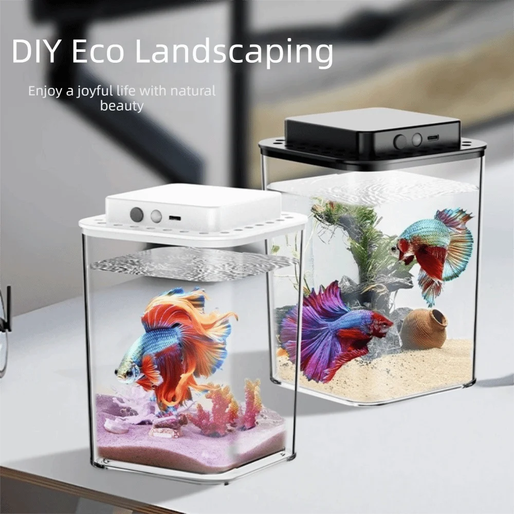 Transparent Betta Fish Tank Intelligent Sensing LED Light Fish Breeding Tank Plastic USB Charging Figure Display Case Aquarium