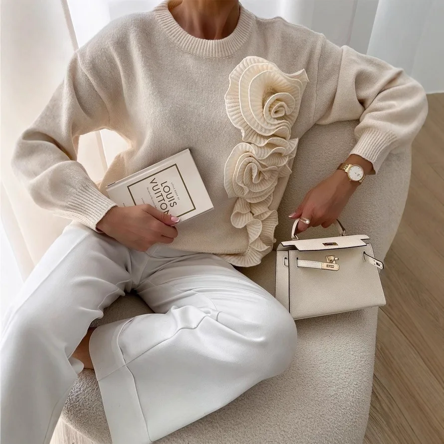 

2025 Fashion Sweatshirts Women Autumn Hoodies Solid Casual Long Puff Sleeve Knitted Pullovers Vintage 3D Flowers Sweaters