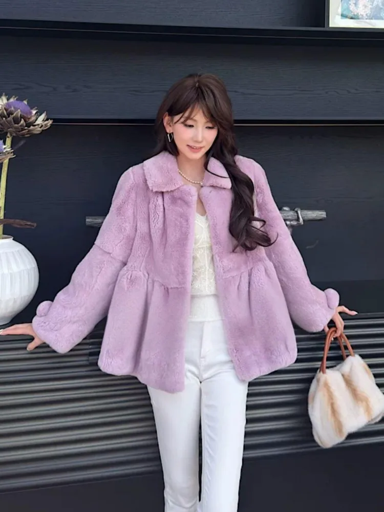 New Winter Women Sweet Rabbit Fur Coat Long Sleeve Turndown Collar Single Breasted Casual Outerwear High Quality Fashion Jacket