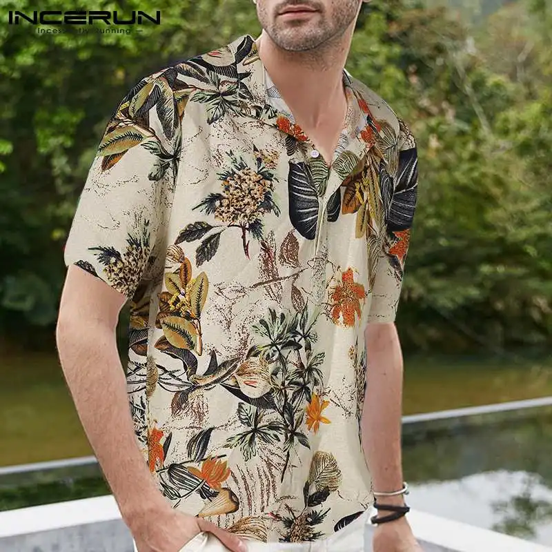 INCERUN Tops 2024 Men Printed Collar Short Sleeve Casual Shirt Hawaiian Beach Male Cotton Fashion Blouse Summer Streetwear S-3XL