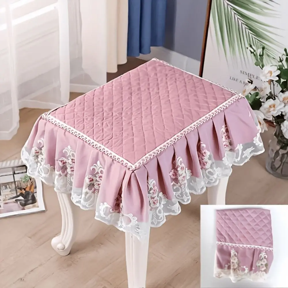 Floral Pattern Makeup Stool Cover Thick Floral Ruffled Seat Chair Slipcover Washable Full-Coverage Seat Cushion Protector