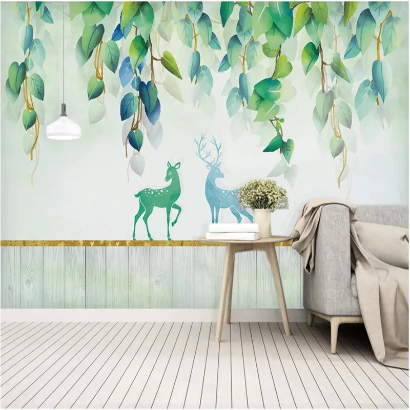 Modern Home Decor Wall Paper 3D Green Fresh Tropical Plant Leaves Planks Mooses Mural Wallpaper for Living Room Bedroom Walls 3D