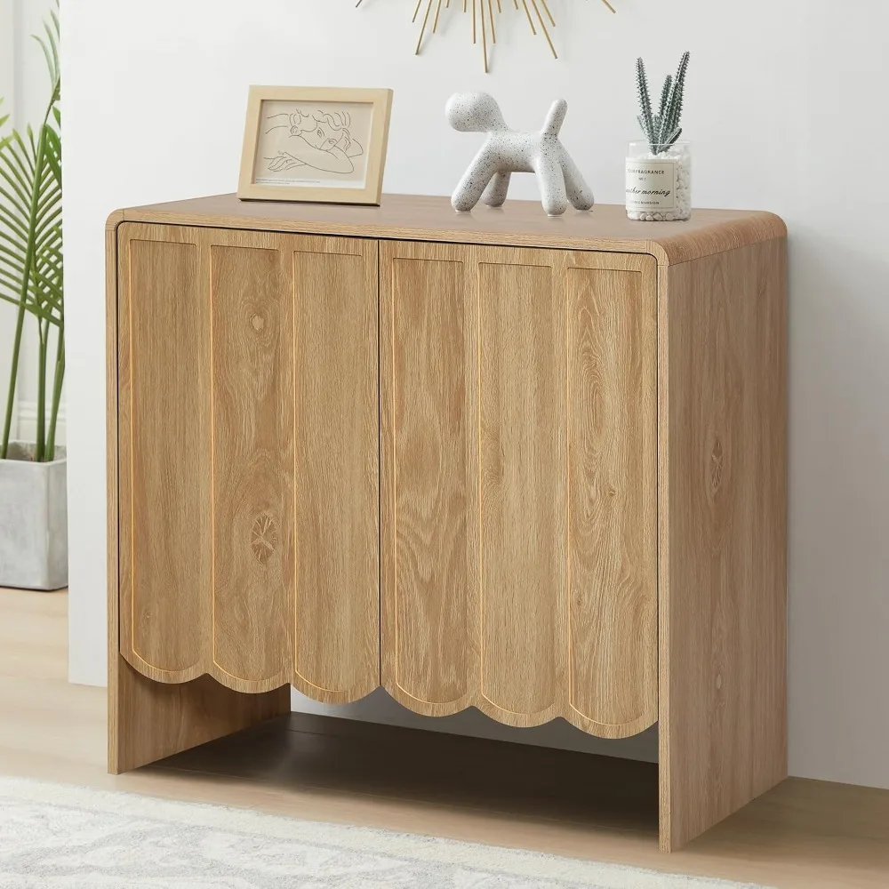 Farmhouse Sideboard Buffet Cabinet with 2 Doors Adjustable Shelves Wave Panel for Living Room Dining Room Entry Natural