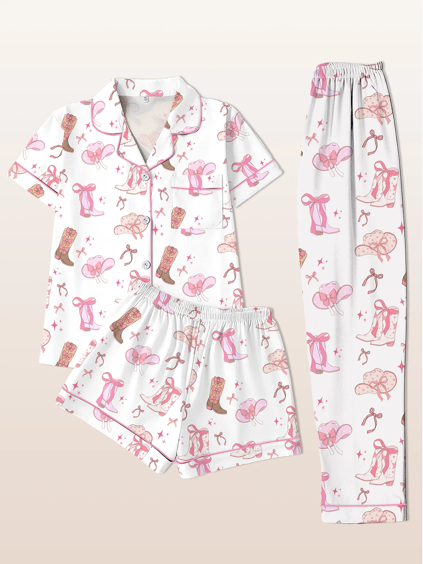 

Women Pajamas Notch Lapel Short Sleeve Shorts Pants 3 Piece Set Spring Summer Fall Cute Cowgirl Print Homewear