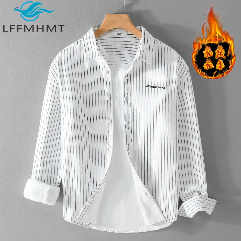 Winter Fashion Fleece Thickened Men Striped Shirt Casual Warm Literary Trendy Versatile Tops Mens Clothing