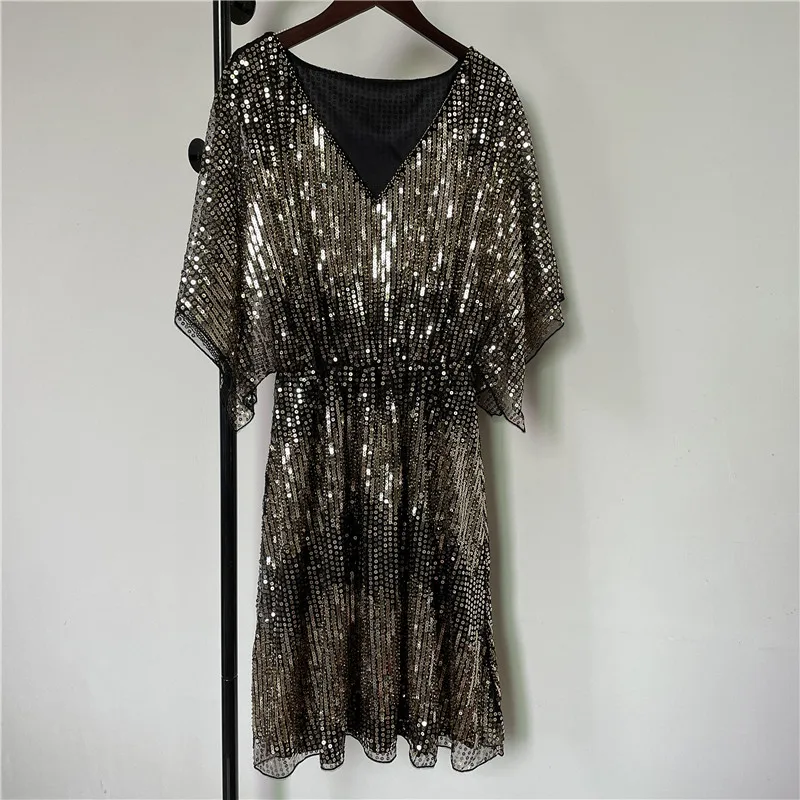 Fashion Party Women's Wear New Glittering Nail Bead Sequin Waist Elastic  Bat Sleeve Dress Vintage Vestido Christening Dress - AliExpress 200000345