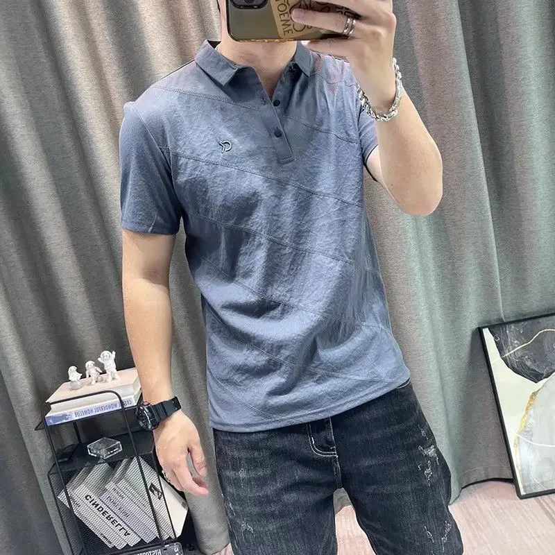 LIBIELIY Fashion Lapel Button Spliced Casual Embroidery Polo Shirts Men Clothing 2024 Summer New Loose All-match Tops England Te