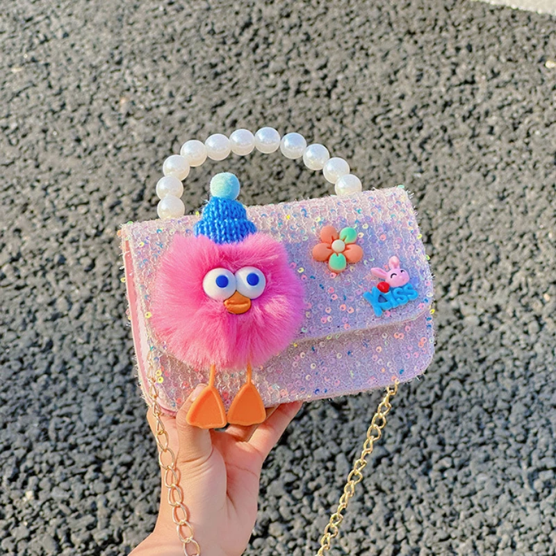 Lace Sequin Baby Girls Small Square Shoulder Bag Cute Cartoon Children\'s Messenger Bags Lovely Pearl Handle Coin Purse Handbags