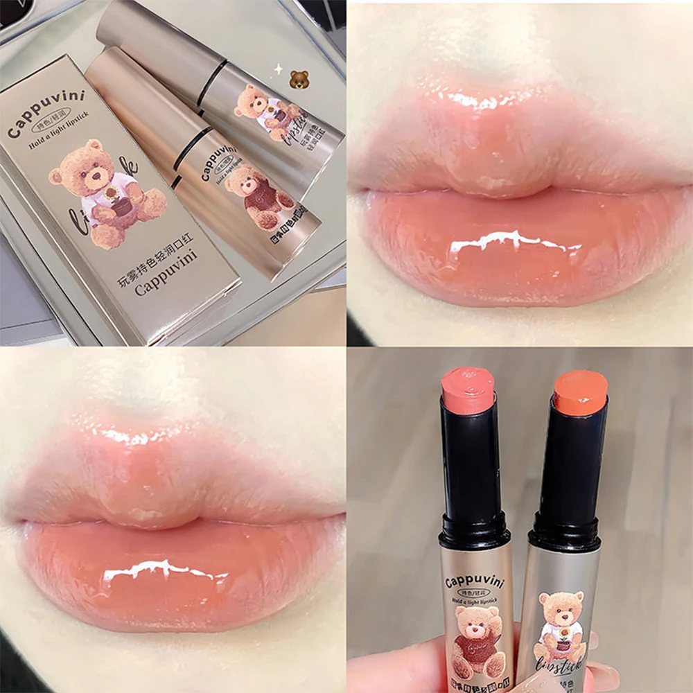 Bálsamo labial geléia natural clara hidratante urso, brilho labial sólido, tonalidade fofa, cuidado labial anti-secagem, maquiagem laranja pêssego, cuidado labial