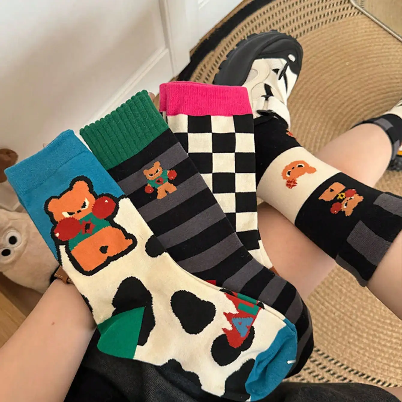 4 Pairs of 2025 New Black and White Checkerboard Socks, Cartoon Cute and Grumpy Bear Series, Trendy Socks for Women