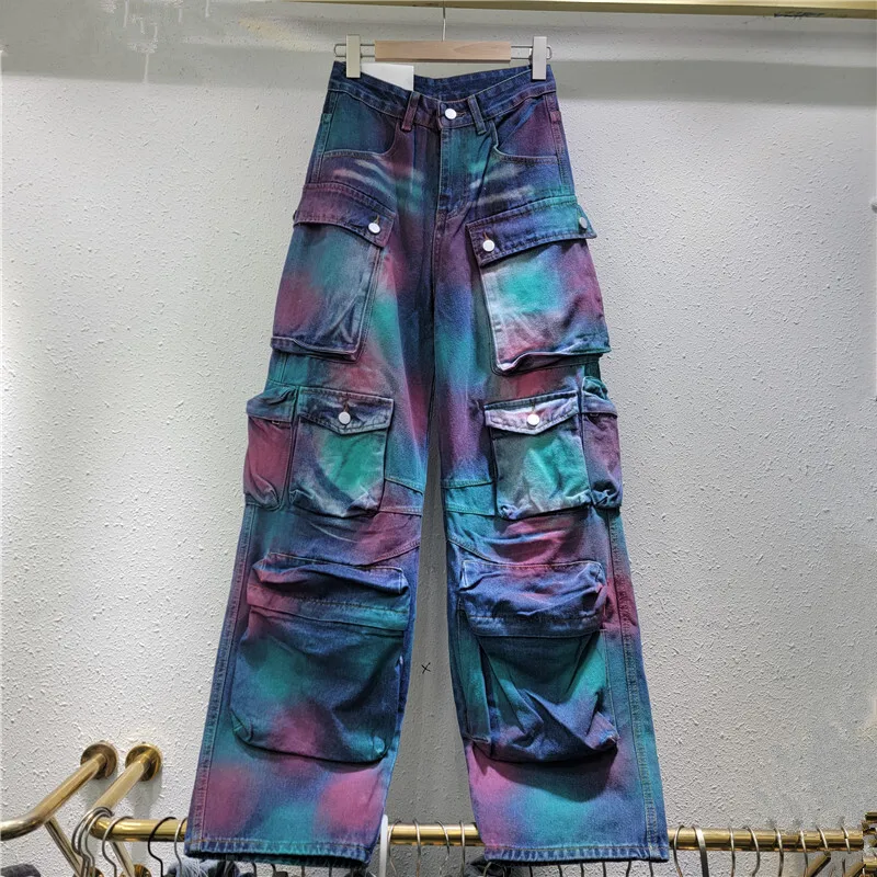 WTHT New Fashion Women's Colorful Graffiti Cargo Jeans 2025 Spring High Street Multi Pockets Wide Leg Denim Pants Female 1LS780