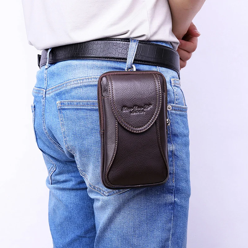 Men's leather waist bag Multi functional small bag Head leather 5.5 inch 6-inch mobile phone bag Belt waist bag image 4