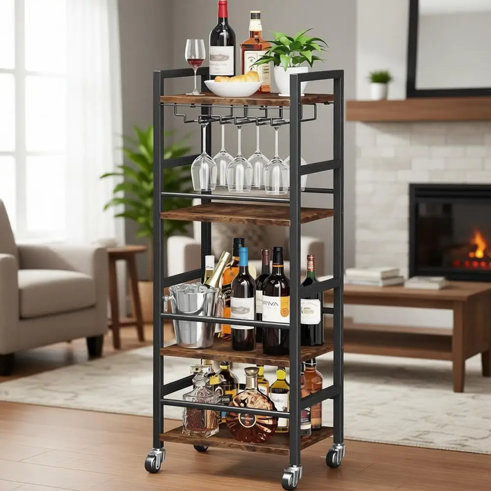 

Мобильная барная тележка с 4 ярусами, местом для хранения и держателем для стаканов, идеально подходит для небольших помещений, отделка в стиле рустик, коричневый цвет