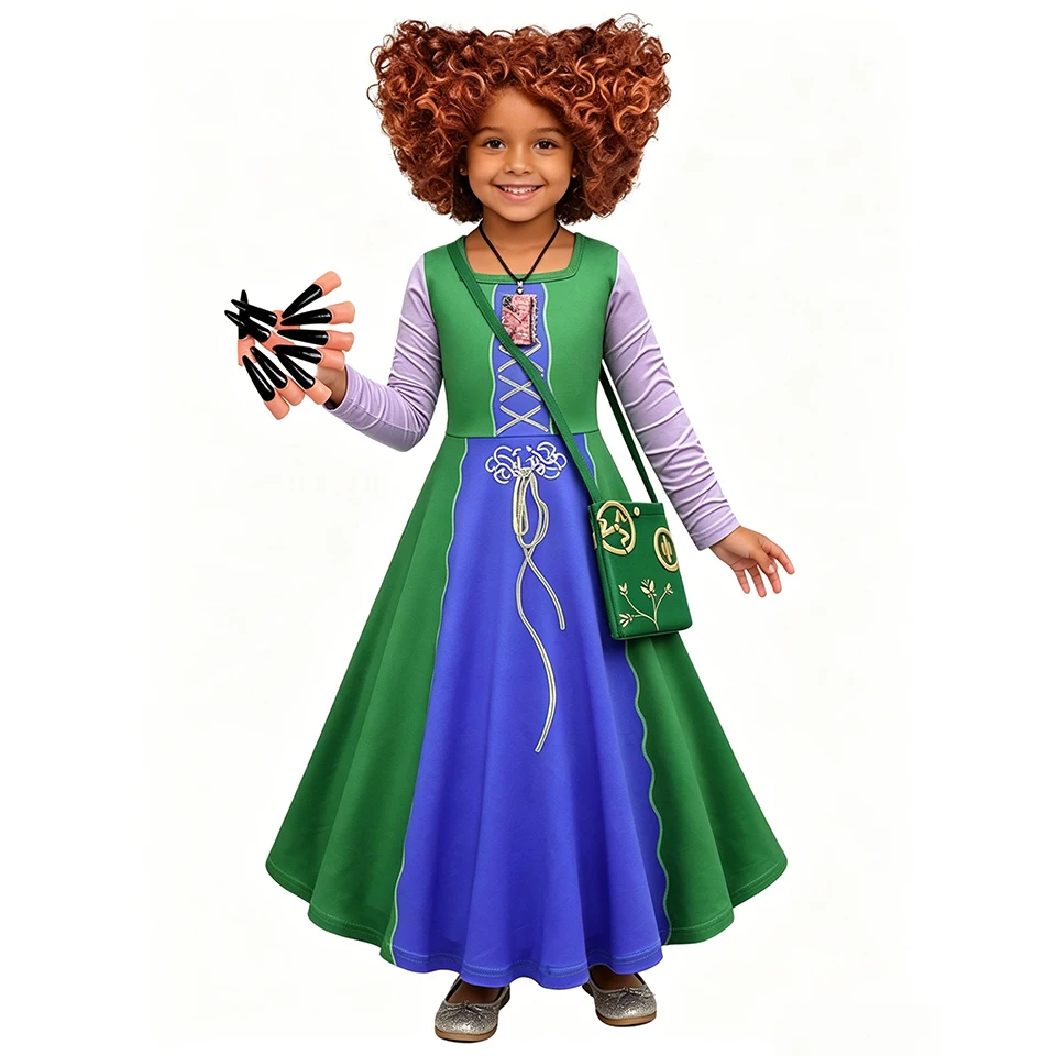 Sanderson Sister Winifred Witch Girl Dress Halloween Cosplay Hocus Pocus Festival Children's Costume Carnival Party Kids Clothes