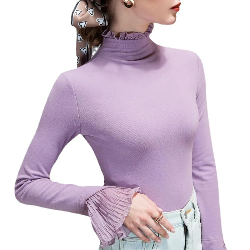 MadBlack European Clothes Tshirts Women Sexy Ruffled Collar Slim Knit Tops Full Flare Sleeve Warm Tees Autumn Spring T37546QM