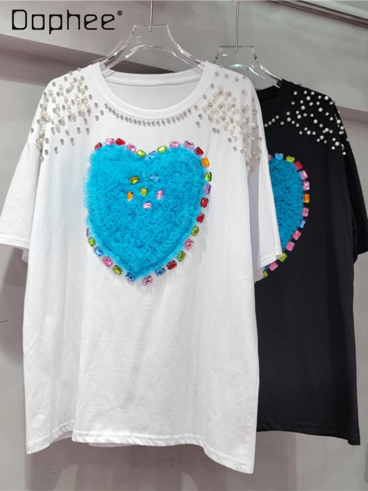 

Love Mesh Embroidery Beaded Short Sleeve T-shirt Female 2024 Summer New Street Round Neck Chic Rhinestone Casual Top Women