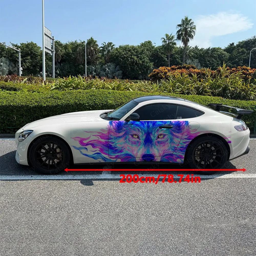 2pcs Neon Flowing Mane Wolf Car Side Wraps, Self-Adhesive PVC Waterproof & Scratch-Resistant Stickers, Car Accessory Gift