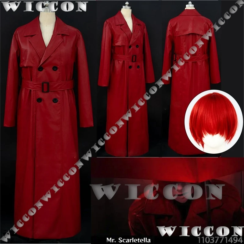 Mr Scarletella Game Homicipher The Enigmatic Antagonist Cosplay Costume Red Wig Red Trench Coat Women Men Holloween Customized