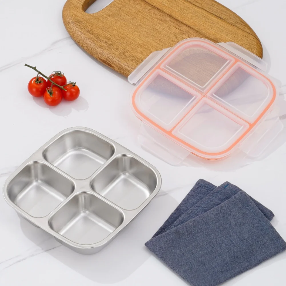 

1set Stainless Steel Box With Leak-Proof Covered Four Compartment Refrigerator Storage Box Snack Container Lunch Box For Outdoor
