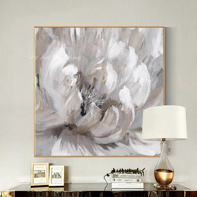 

White grey flower 100% hand-made knife thick oil canvas painting abstract sitting room dining-room wall no frame decoration